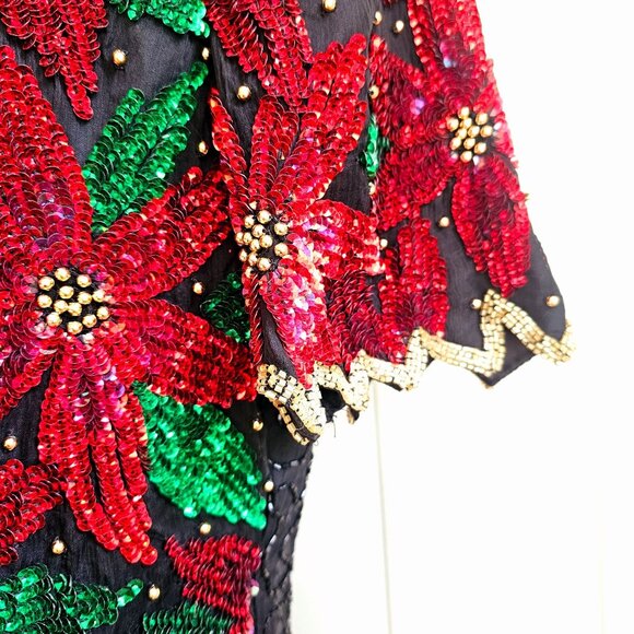 Vtg SCALA Silk Sequin Beaded Christmas Poinsettia Short Sleeve Top EXCELLENT - Picture 6 of 16
